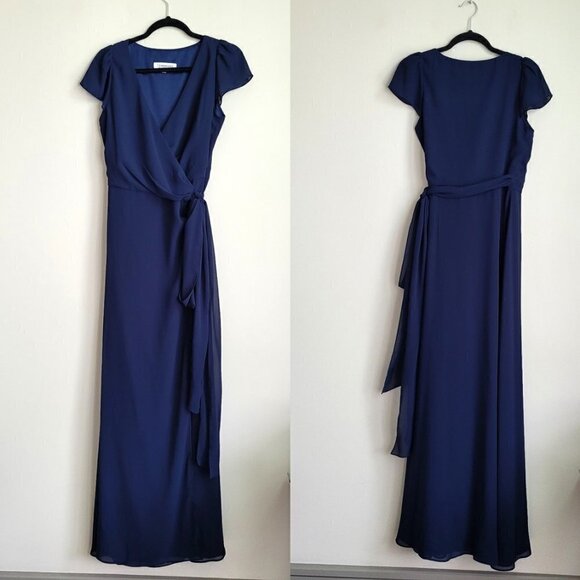 Ceremony by Joanna August Navy Blue Chiffon Aurele Cap-Sleeve Wrap Dress - Picture 2 of 5
